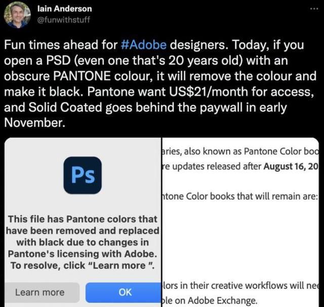 11月起，Adobe对上万种颜色收费！不掏钱特定颜色会直接变黑色……